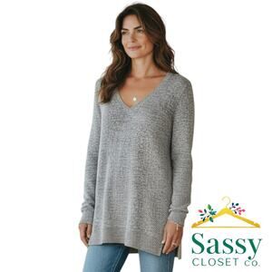 Lucky Brand Black White V‑Neck Knit Sweater Split Hem Size M EUC